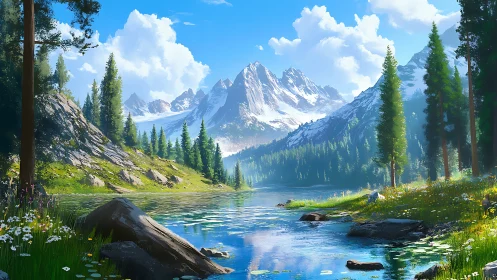 Spectral alpine lake vista with snowbound peaks and conifers.