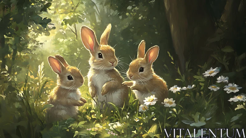 Gentle sunlight gathers three curious bunnies in a forest glade