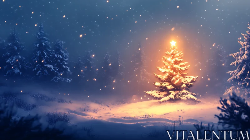 Lone star-topped pine glowing warmly in a hush of snow.