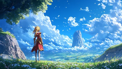 Heroic figure surveys vast valley with monolithic distant spire