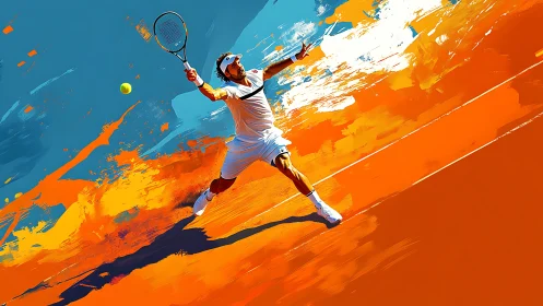 Dynamic tennis forehand amid explosive color streaks.