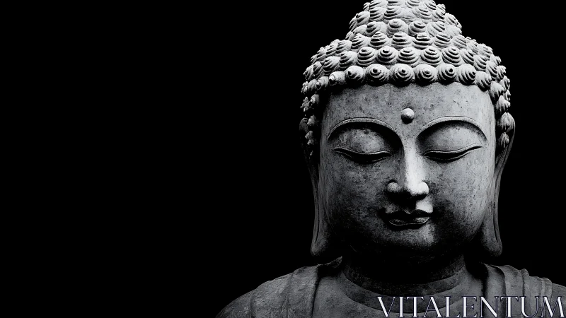 Serene stone Buddha portrait in stark monochrome contrast.