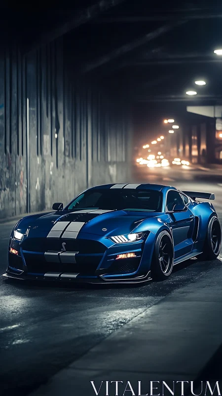Blue striped sports car parked in dimly lit city tunnel.