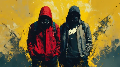 Two hooded figures in gas masks stand against abstract yellow
