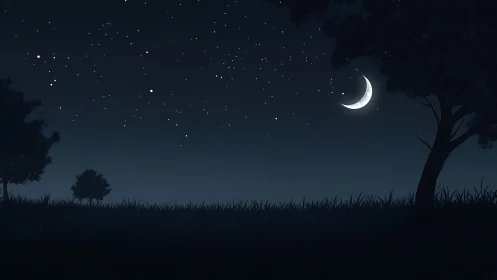 Crescent moon above grassy horizon under dense starfield at night
