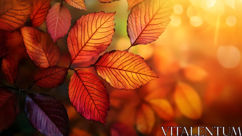 Macro study of autumn leaves with backlit warm bokeh.