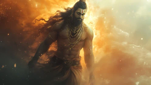 Storm-lit ascetic strides through molten clouds of divinity