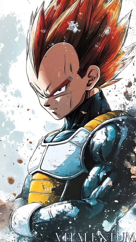 Saiyan warrior portrait in stylized battle armor illustration.
