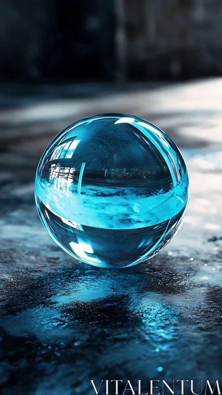 Translucent cyan glass sphere rests on wet reflective ground