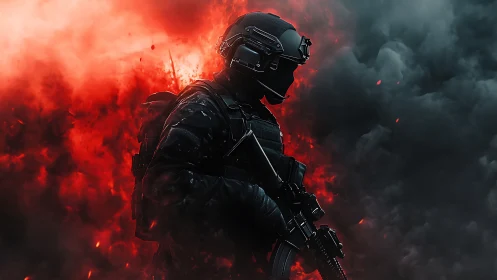 Armored tactical soldier in red and black explosive smoke scene.
