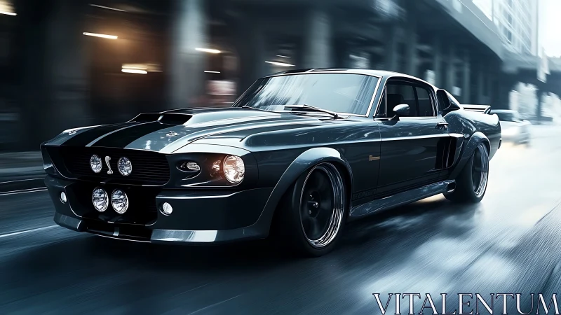 Classic black muscle car racing through blurred city street.