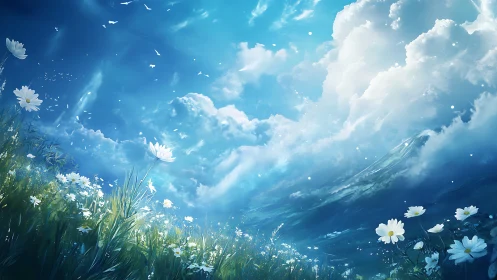 Daisy meadow under expansive blue sky with clouds.