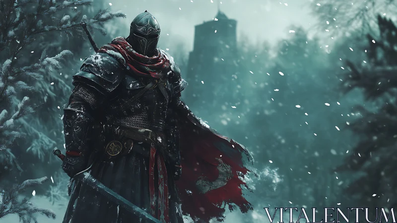 Armored knight in winter forest with distant stone fortress.