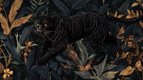 Nocturnal black panther in botanically dense vector foliage.