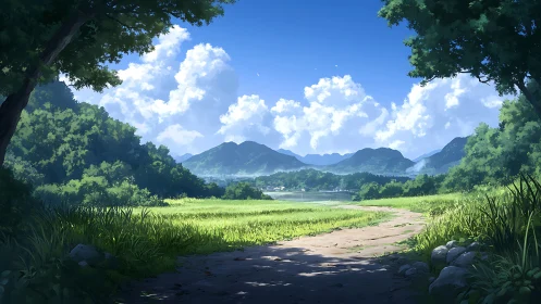 Sunlit rural dirt path curving toward distant forested mountains