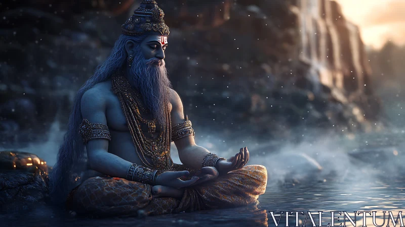 Blue-skinned sage meditates on river rock at dusk.