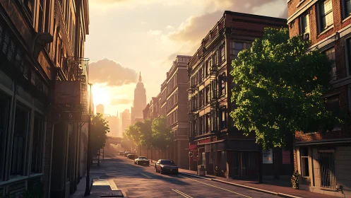 Sunlit urban street perspective with warm evening glow.