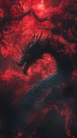 Infernal obsidian dragon coils beneath a blood-red forest sky