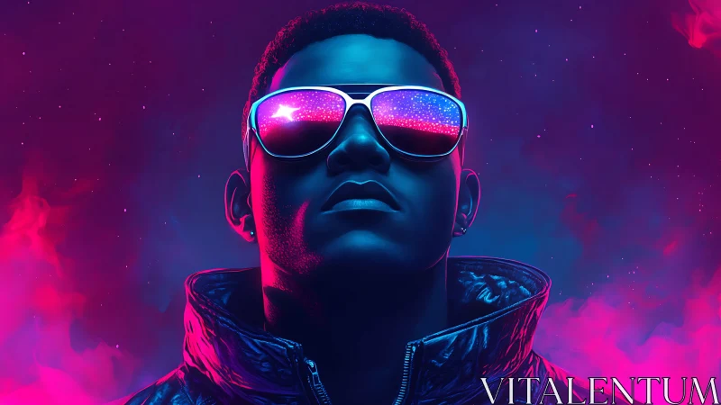 Neon-lit portrait with reflective visor glasses and vaporwave backlight