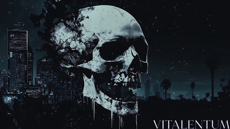Night city skyline meets haunting skull in bold contrast