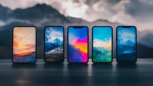 Gradient smartphones display vivid alpine landscapes in series.
