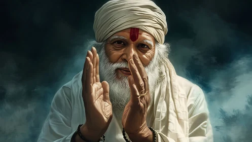 Gentle elder in white sharing a quiet blessing moment.