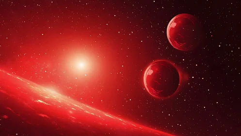 Crimson twin worlds drifting through a blazing red cosmos.