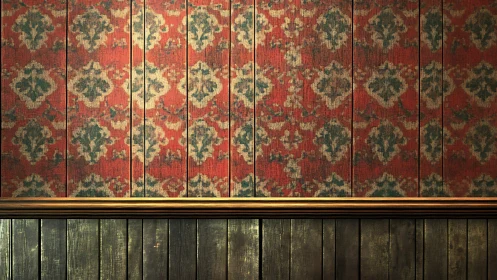 Cozy vintage wall with warm patterned panels and wood trim.