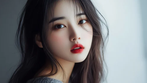 Soft-lit portrait of young woman with vivid red lips.