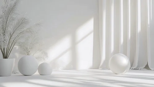 Soft white spheres rest peacefully in a sunlit minimal room