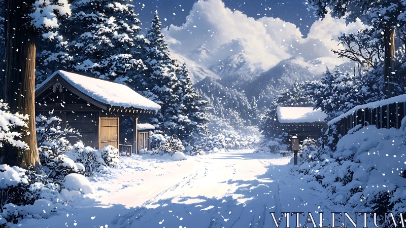 Snowy mountain village road basks in soft winter sunlight.