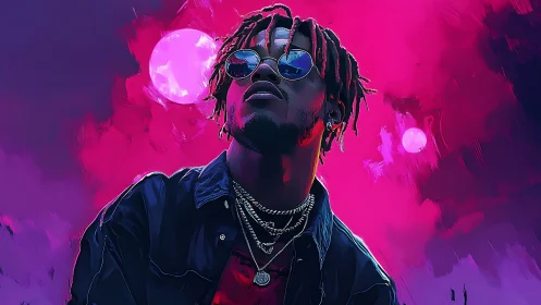 Neon backlit portrait uses high contrast lighting and stylized brushwork