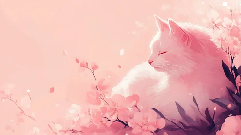 Pink Cat Surrounded by Blooming Flowers in Soft Digital Illustration.