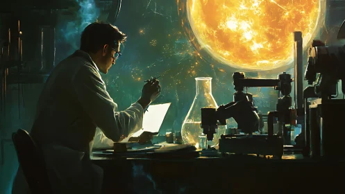 Scientist working in lab before glowing sun-like sphere.