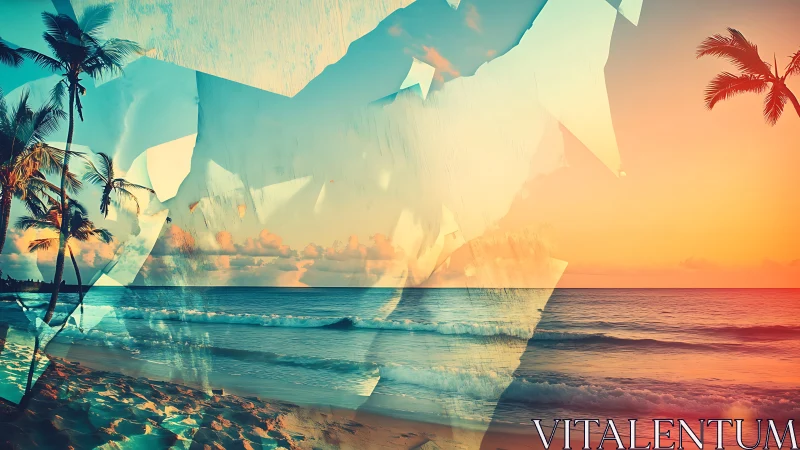 Layered tropical shoreline with geometric overlay composition.