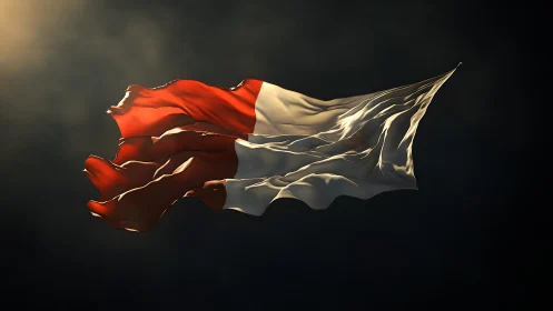 Dramatic Indonesian Flag in Motion Against Dark Background.