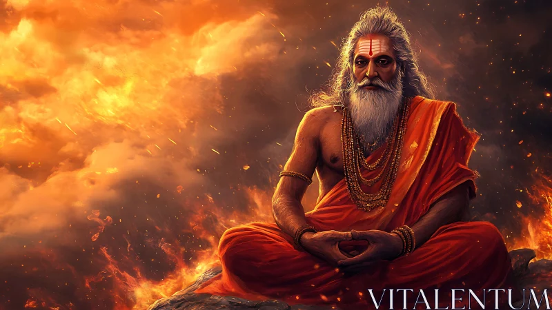 Firelit sage meditates within blazing celestial inferno
