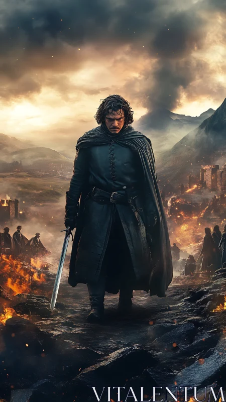 Stormy sky crowns a lone warrior on a burning battlefield