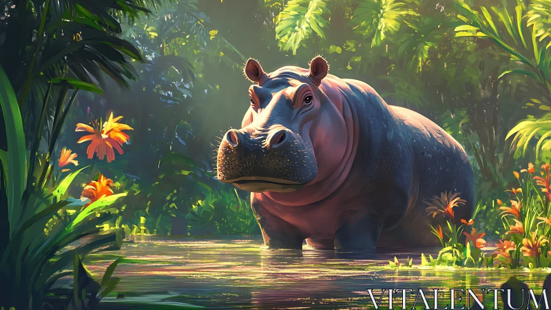 Sunlit hippo daydreaming in a glowing jungle lagoon.