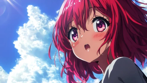 Sunlit sky catches a blushing girl mid-breath and wonder