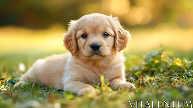 Golden puppy relaxing in soft evening garden light.