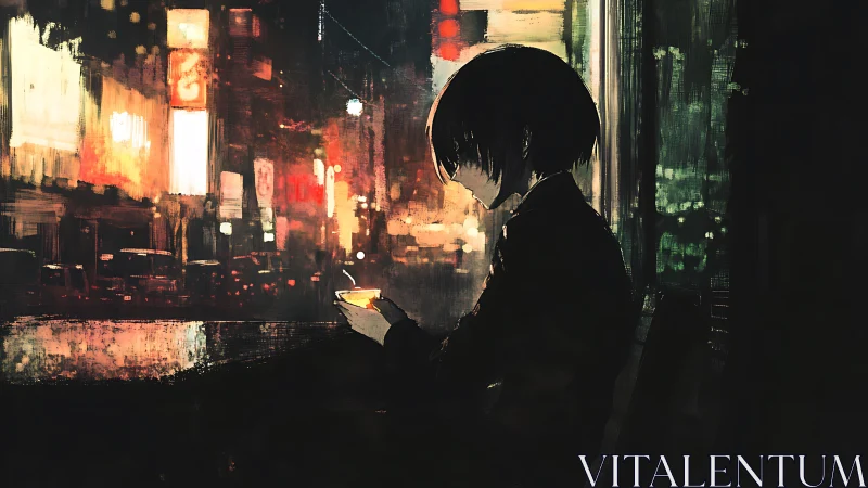 City neon hums while a lone soul studies a quiet cup