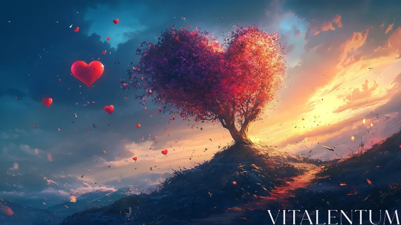 Luminescent Heart-Shaped Tree with Particle Explosion Against Gradient Sunset