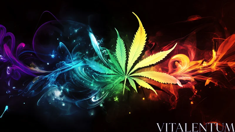 Colorful cannabis leaf with swirling neon smoke effects.