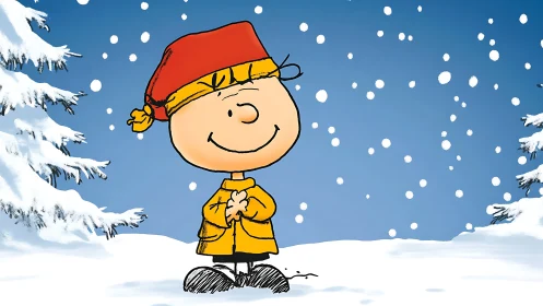 Cartoon boy in winter snow wearing red hat and coat.