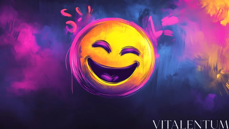 Radiant laughing emoji glowing in neon painted clouds.
