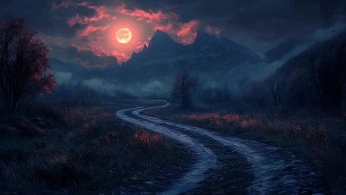 Blood moon illuminates winding road through misty valley