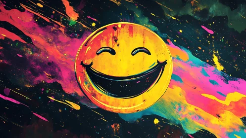 Neon smiley face on cosmic paint-splatter background, high saturation