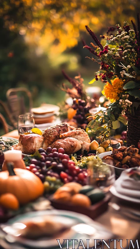 Harvest table with roasted poultry and autumn florals outdoors.