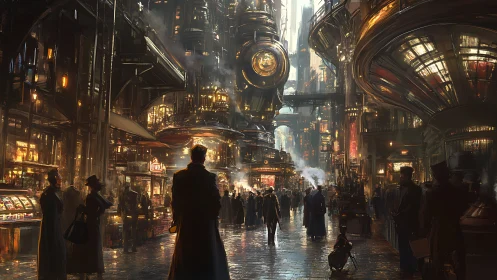 Layered steampunk atrium with luminous transit machinery.